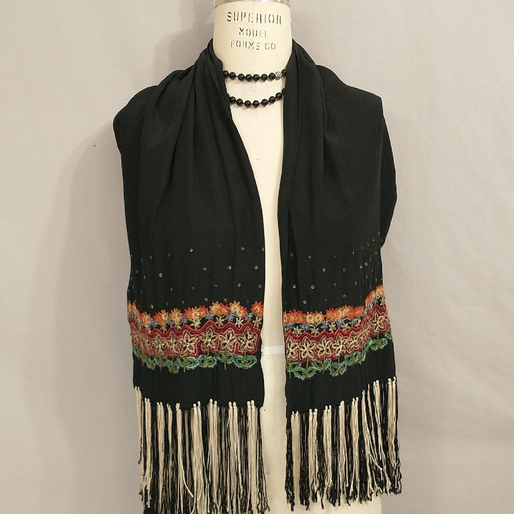 Embroidered Flowers Vintage Wrap Scarf Shawl Black Long Fringe Antique 14x55